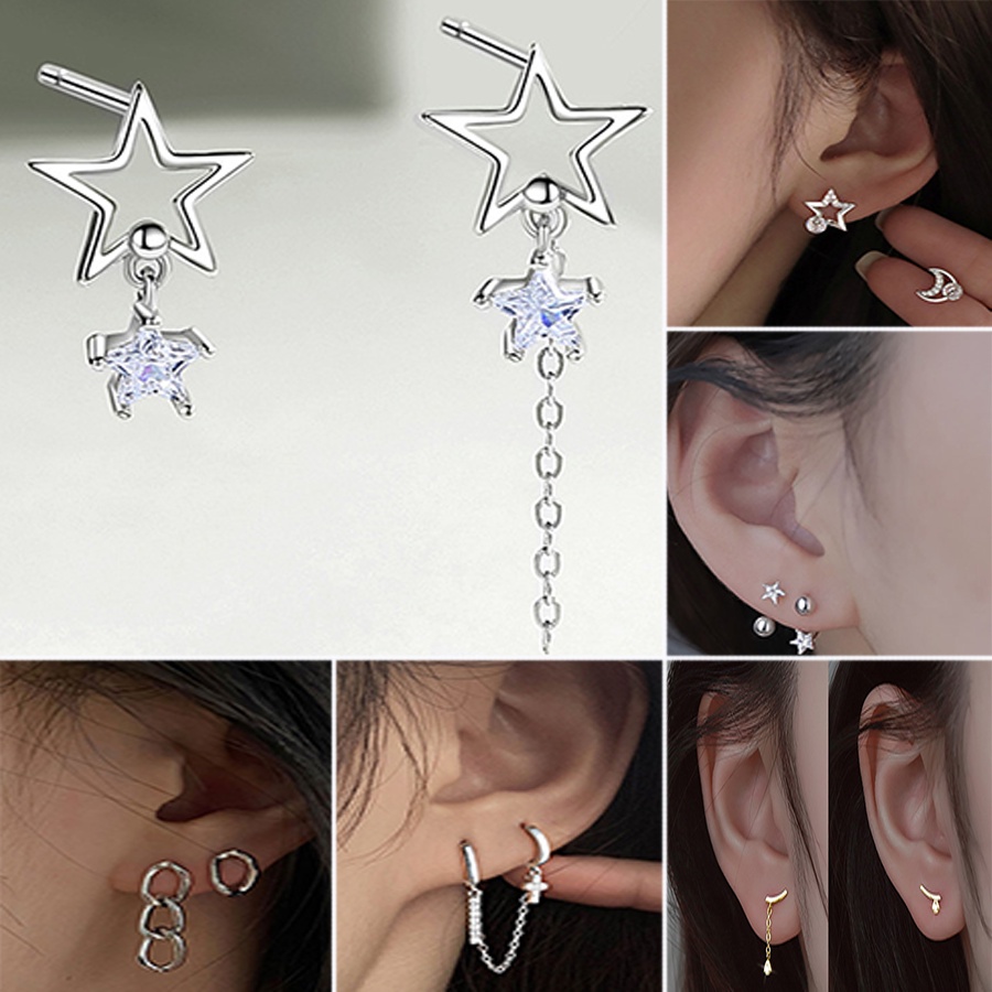 S925 Silver Five-pointed Star Cross Tassel Zircon Hollow Solid AB Asymmetrical Ear Stud Earrings Hip Hop Punk Jewelry Gift