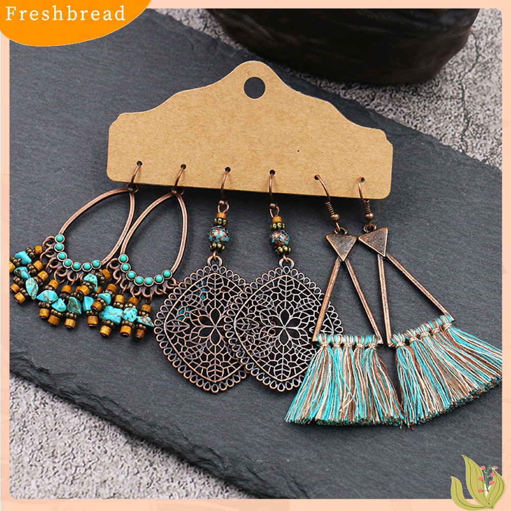 [TERLARIS]3Pairs Vintage Women Tassel Round Geometric Dangle Hook Earrings Set Jewelry