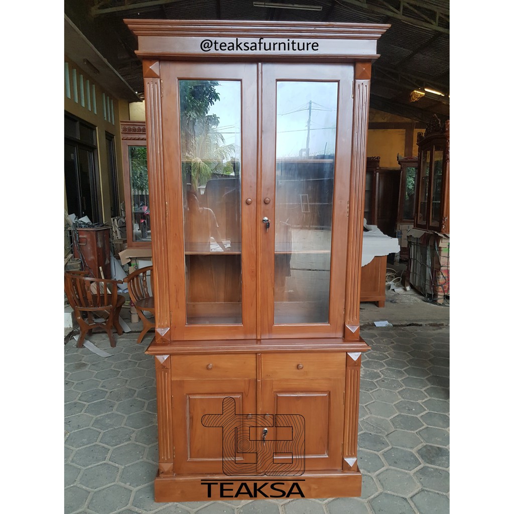 Lemari Pajangan Rak Buku Minimalis Jati Motif Minimalis Kotak 2 Pintu