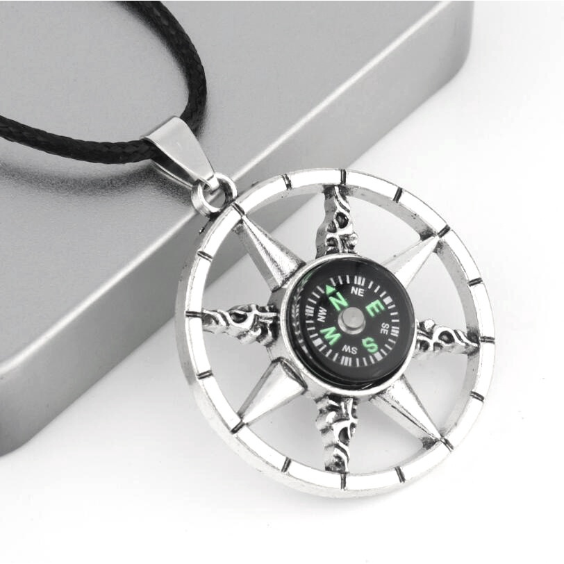 Baru Kompas Tali Kulit Baja titanium Kalung Cowok Dan Cewek Liontin Baja titanium Liontin Pasangan Kalung