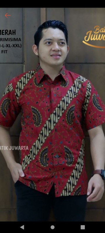 Ajisaka Merah Pendek Kemeja Batik Pria Full Furing Bahan Katun Halus Sragenan