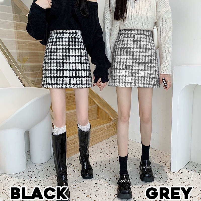 KARAKOREA 7706 Tweed Fur Mini Skirt/Korean Mini Skirt/Rok Pendek