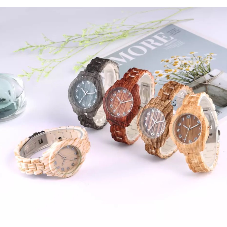 Jam Tangan KAYU Fashion Wanita Gaya Korea Casual Model Bulat Strap Quartz Analog Women Watches