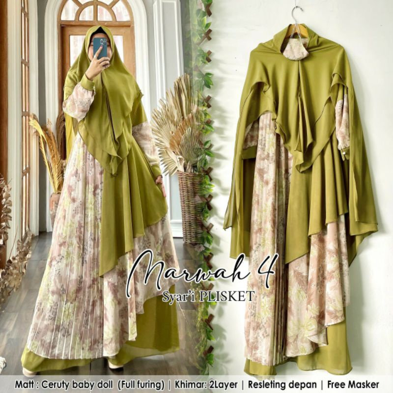 Marwah Dress 4 Syari Plisket Free masker/Dress Pesta/Gamis Muslim/Syari/