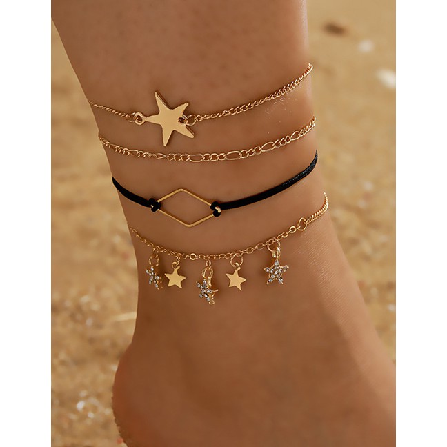 LRC Gelang Kaki Fashion Gold Color Diamond-studded Geometric Five-pointed Star Anklet Set P14836