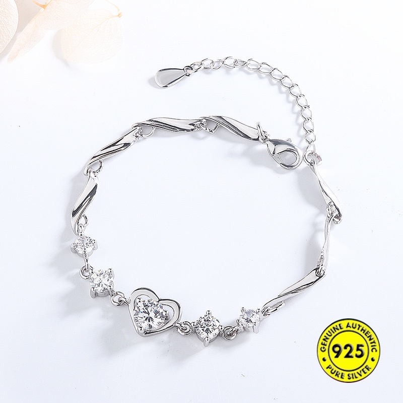 Gelang S925 Silver Bentuk Hati Hollow Aksen Kristal Berlian Untuk Wanita Clover