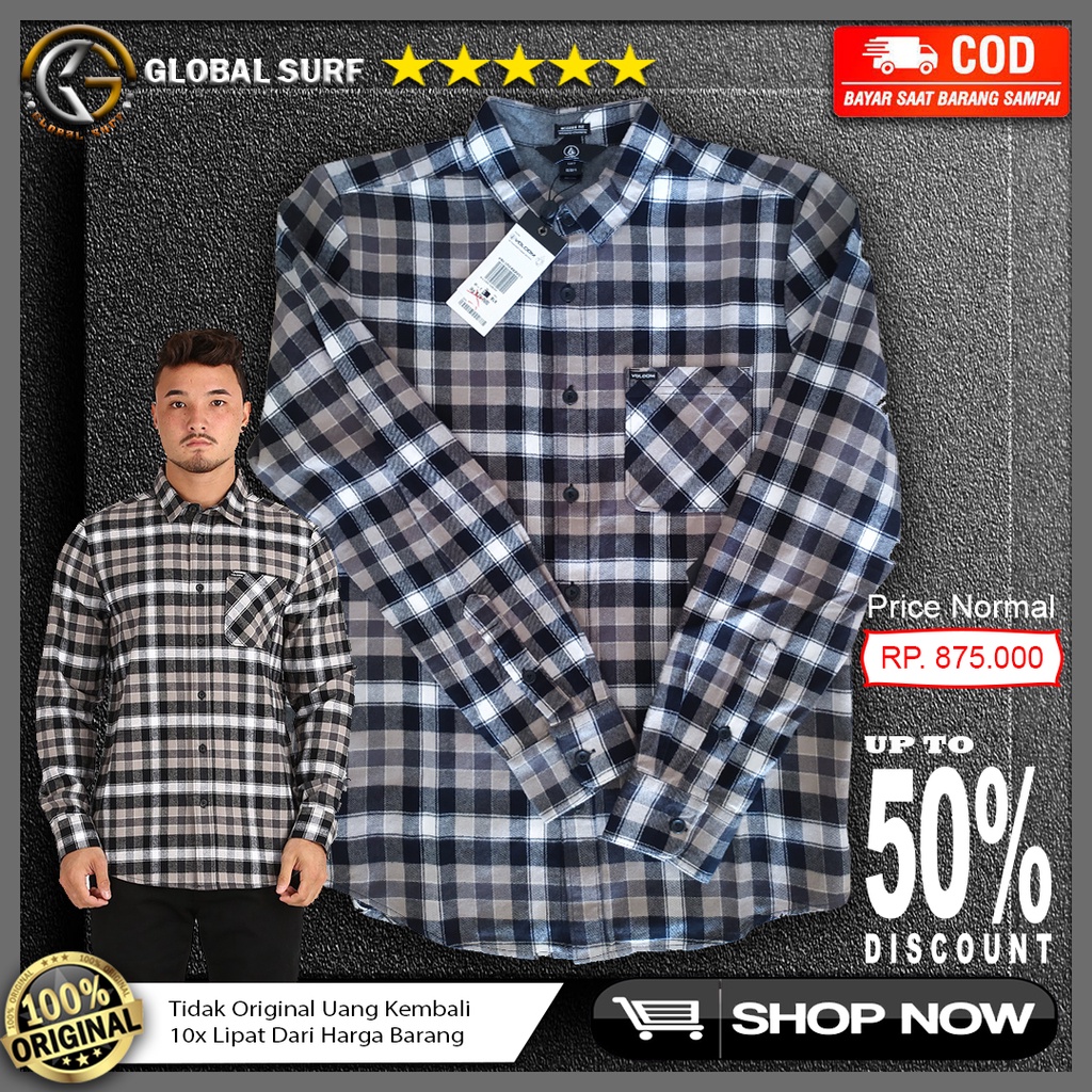 Kemeja Flanel Kotak Kotak Volcom Original Hem Pria Lengan Panjang Regular Fit Style Kasual Modern