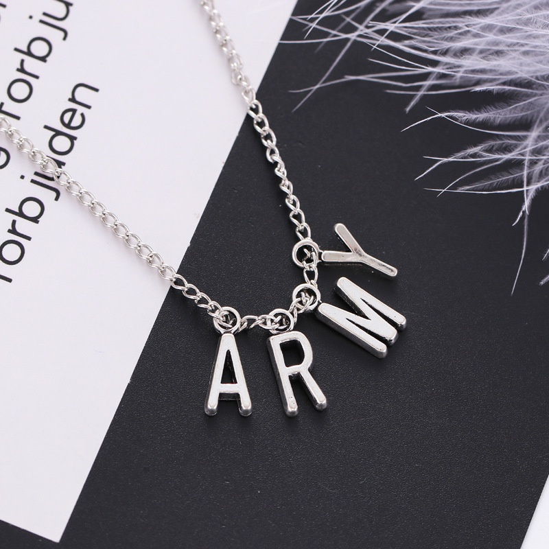 Kalung Rantai Dengan Liontin Tulisan ARMY BTS Park Jimin Bahan Stainless Steel