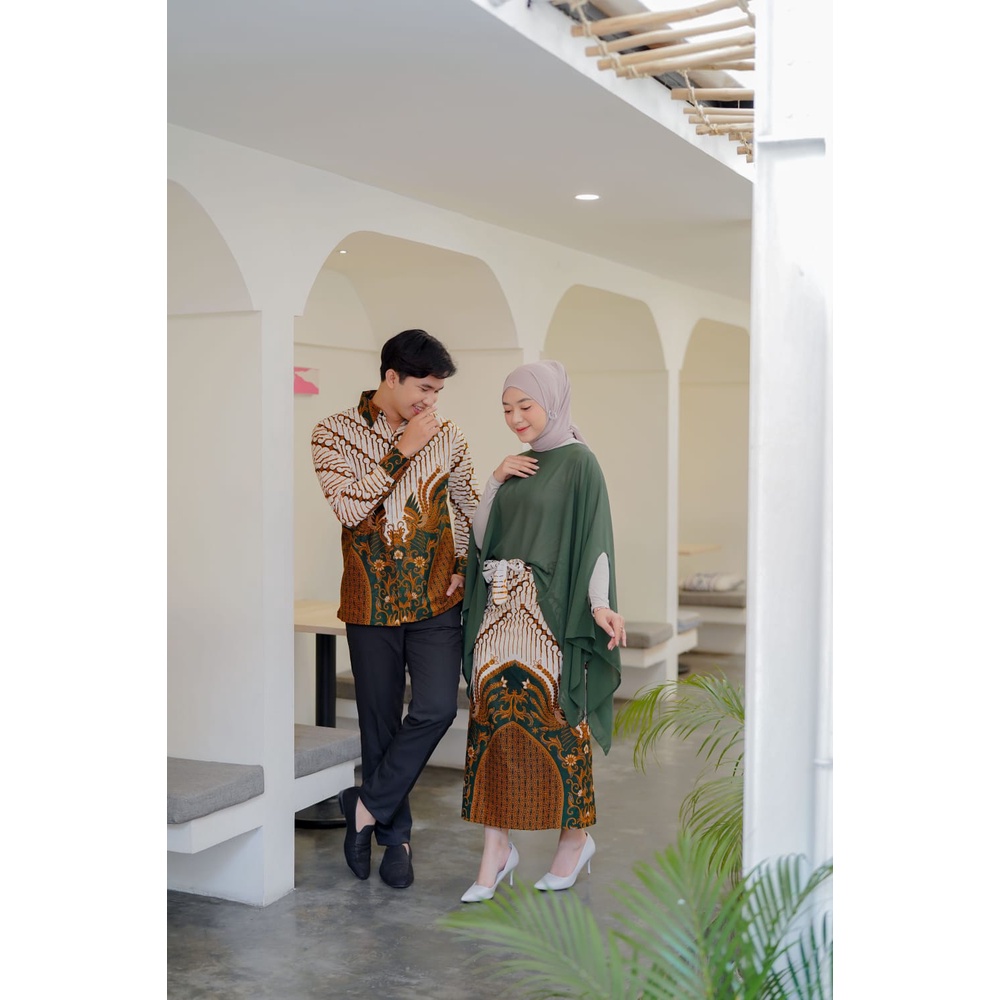 SET BATIK COUPLE KINAN ARMY (KEMEJA BATIK, ROK BATIK DAN SLENDANG, ATASAN) BAJU KONDANGAN, BAJU LAMA