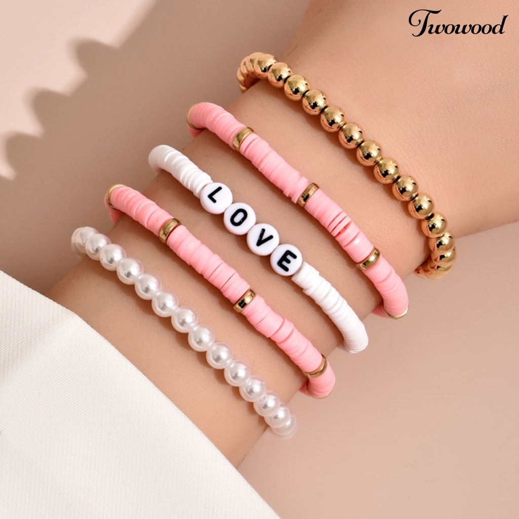 5pcs Gelang Bahan Polymer Clay Motif Tulisan Love Warna-Warni Gaya Bohemian Untuk Unisex