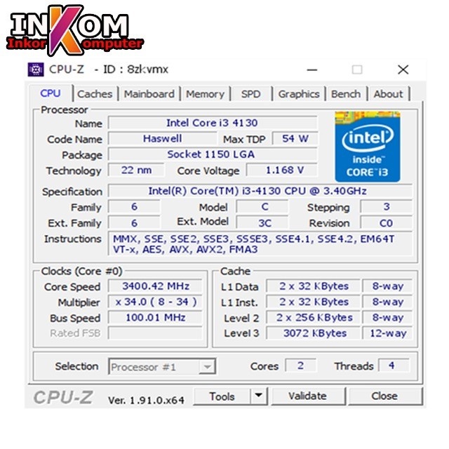 Processor Intel Core i3 4130 / i3 4150 / i3 4160 / i3 4170 3.4 GHz Soket 1150 plus fan intel second