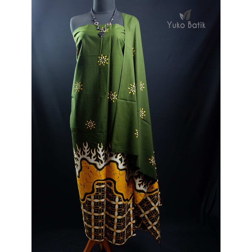 Kain Batik Tulis Motif Abstrak Kontemporer Majasih Hijau Kuning Kawung