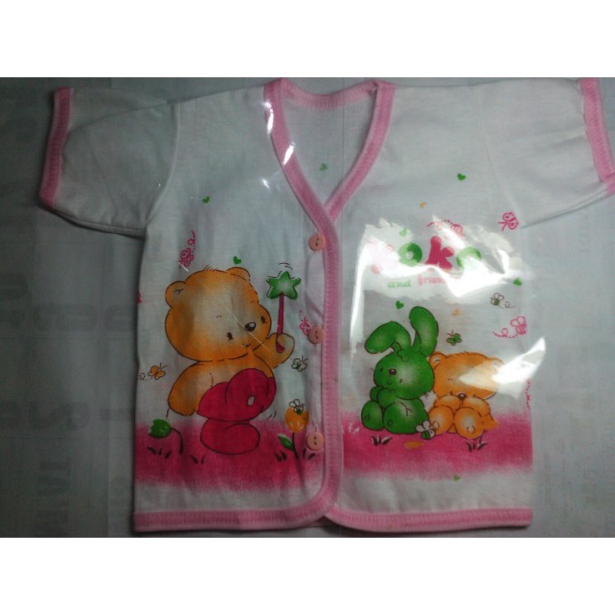 BAJU PENDEK PUTIH CD ISI 1 LUSIN Bahan CD Isi 12 Pcs Motif Pola Boneka Warna Mix Random, Bayi Lengan Pendek Bahan Cotton Newborn Baby 0-12m Unisex KDE002 [400gr]