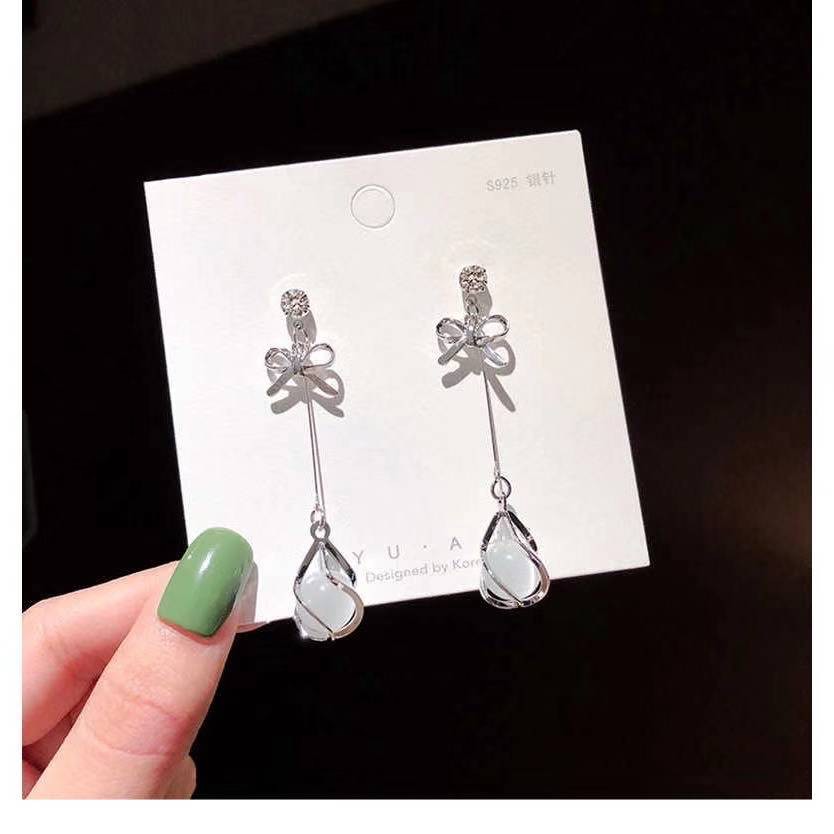 Bow Anting Panjang Anting Mutiara Dan Berlian-C108 SILVER