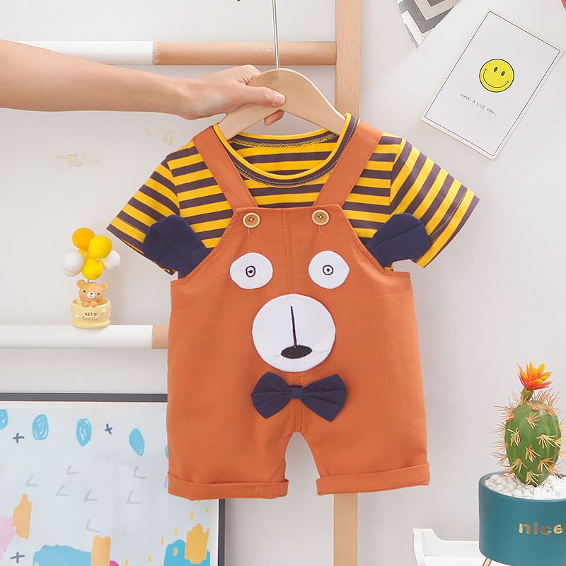 [COD] Baju anak motif BEAR GARIS KUNING navy &amp; brown IMPOR KOREA / Jumpsuit anak setelan anak playsuit anak lucu impor/Usia 0-4 Tahun/Brownieground