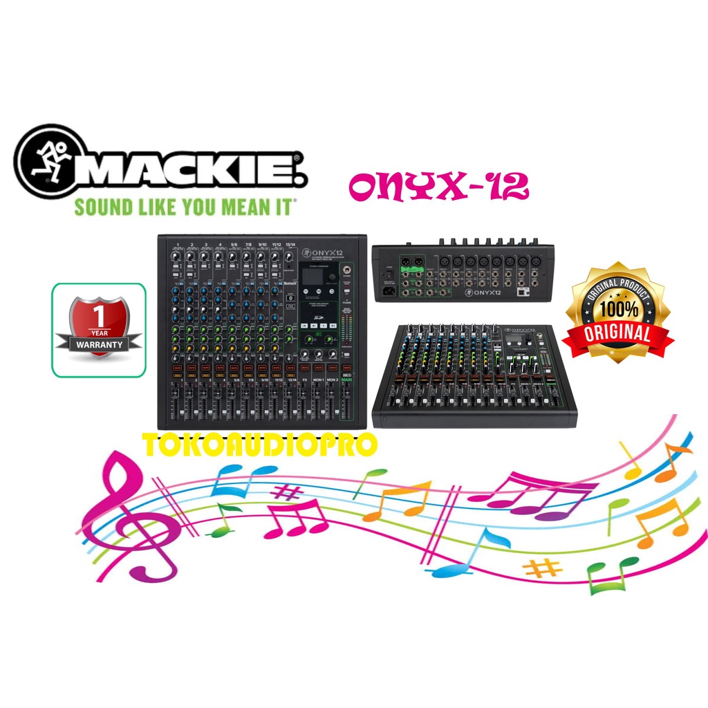 Mixer Mackie Onyx-12 Mixer Podcast Bluetooth Live Recording Multitrack