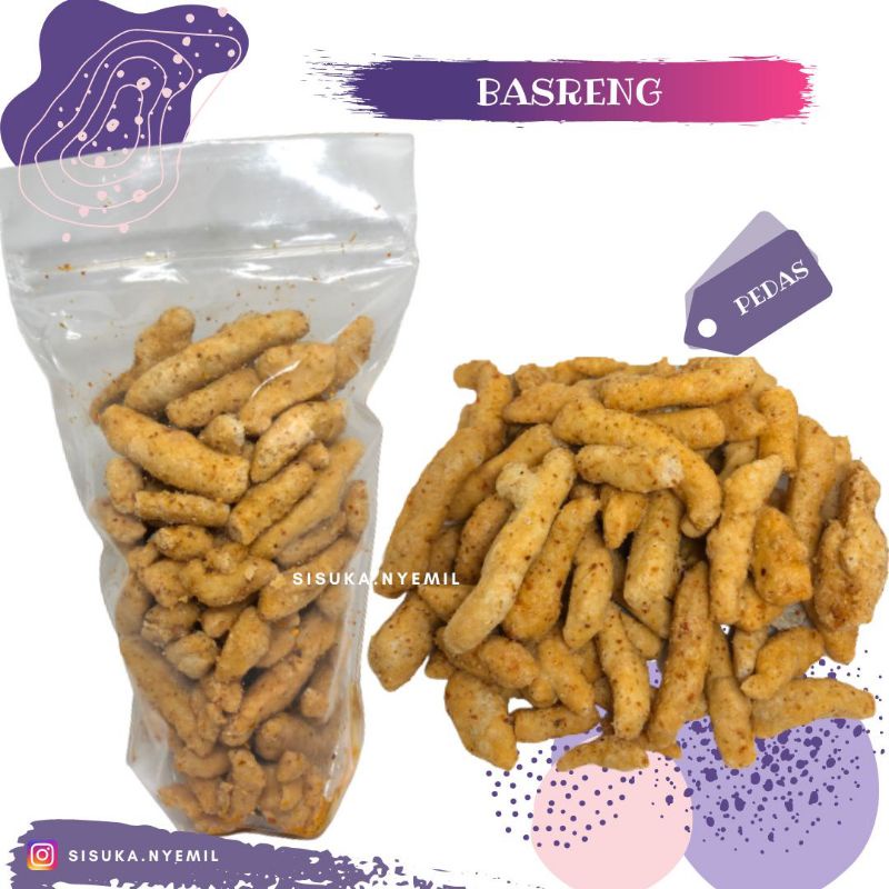 Basreng Extra pedas, Pedas, Pedas daun jeruk & asin/ Gurih renyah Berat 100gr-Pedas