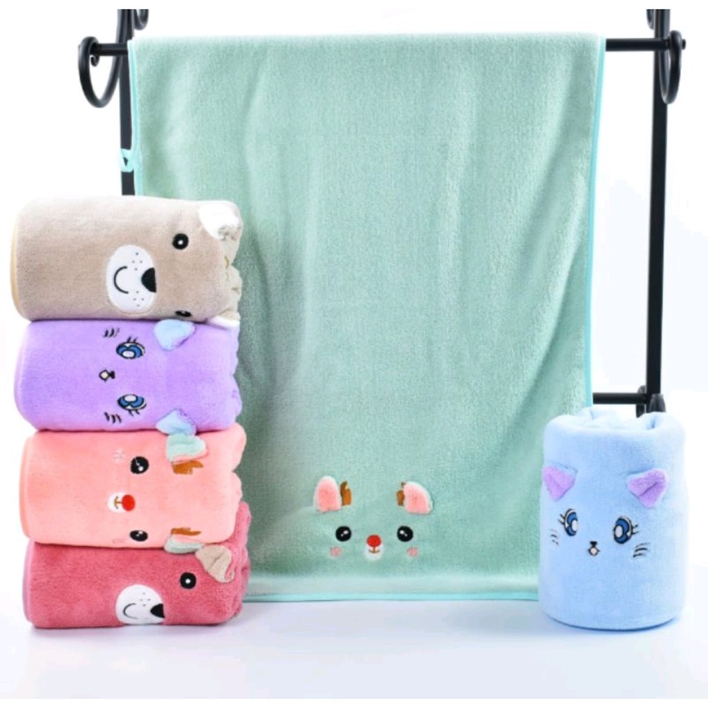 Handuk Bayi Microfiber Uk 50x100 &amp; 60x120 cm Handuk Anak Bordir Mata dan Kuping Timbul Termurah