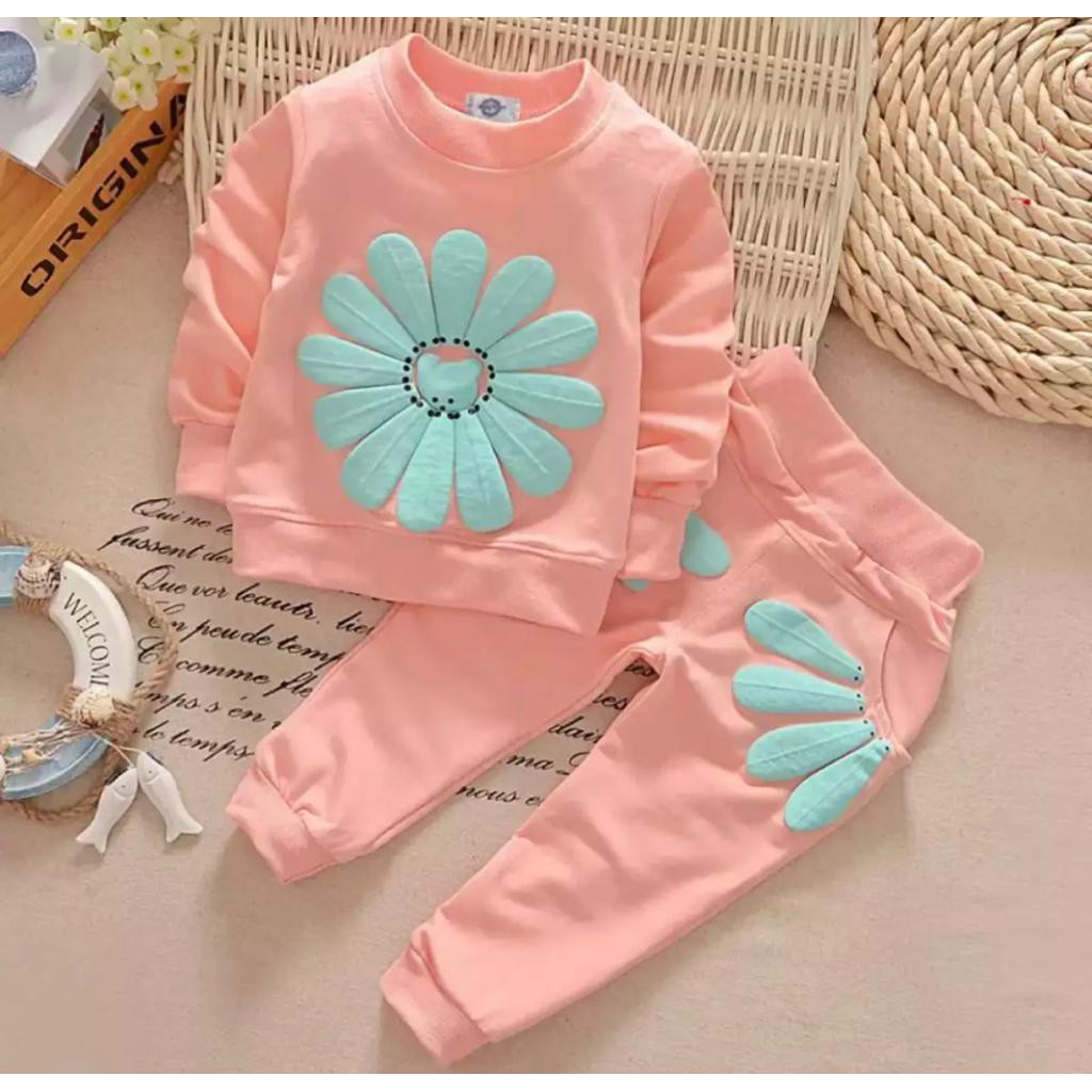 SETELAN SWEATER ANAK PEREMPUAN MOTIF SUN FLOWER 1-5 TAHUN TERBARU