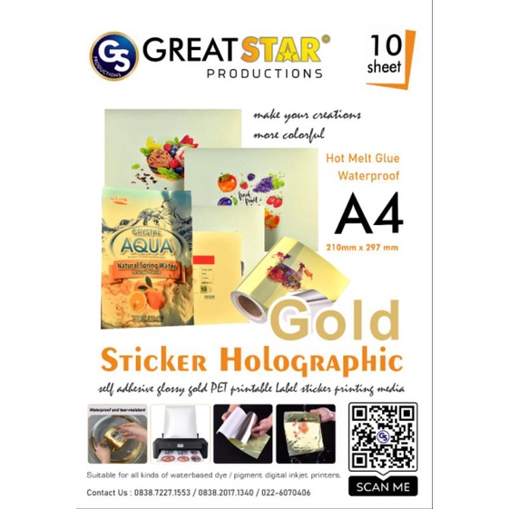 

HJK STICKER GOLD HOLOGRAFIC WATER PROFF !!! A4/10 LEMBAR