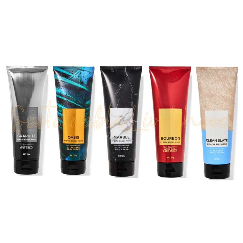 Bath and Body Works Men's Collection Ultra Shea Body Cream 226 Gr Graphite, Oasis, Marble, Bourbon, 
