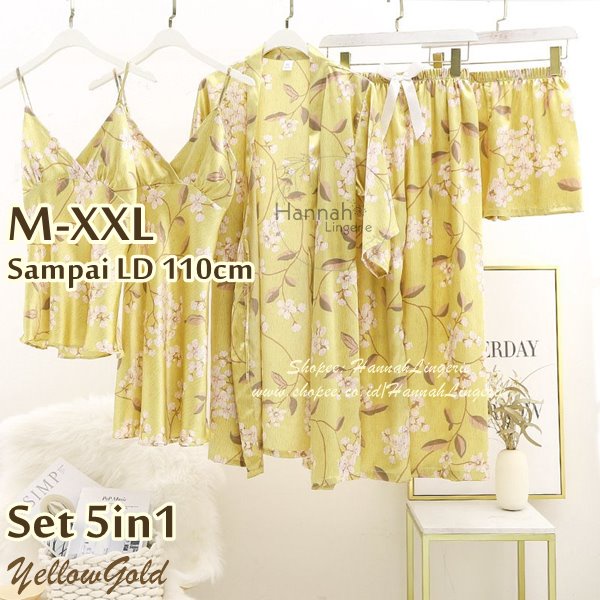 Lingerie M-XXL 5in1 Baju Tidur Seksi Satin Silk Isi Untuk Kado Suami Istri Seserahan Malam Pertama N321 Floral Mewah