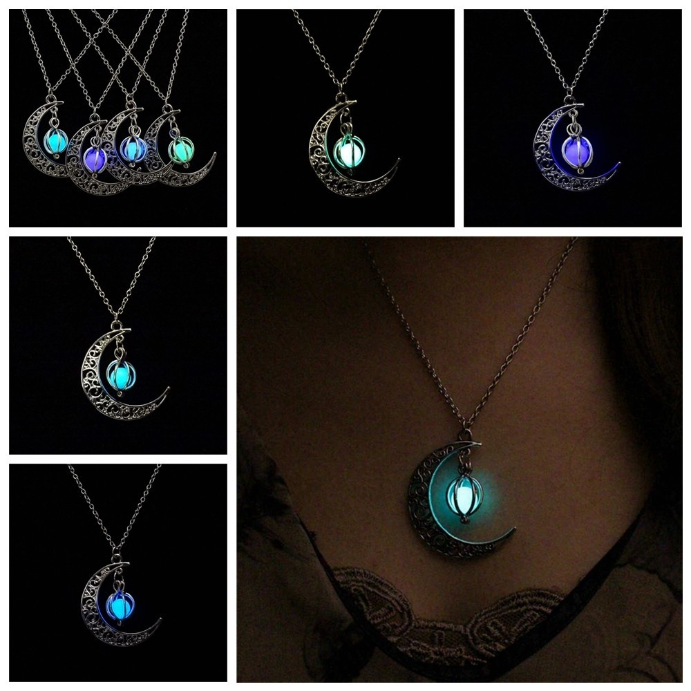 Kalung Liontin Bulan Dan Labu Luminous Glow In The Dark Multicolor Lapis Silver Untuk Unisex