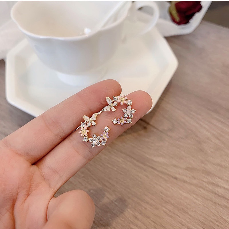 Butterfly Anting Tusuk Gantung Desain Kupu-Kupu + Bunga Hias Mutiara + Berlian Untuk Wanita