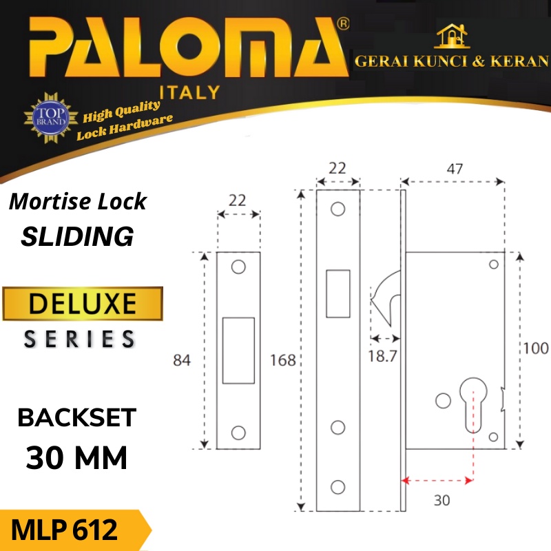 PALOMA BODY KUNCI MORTISE LOCK SLIDING  MLP 612 DELUXE SLIDING 30MM STAINLESS STEEL SUS 304