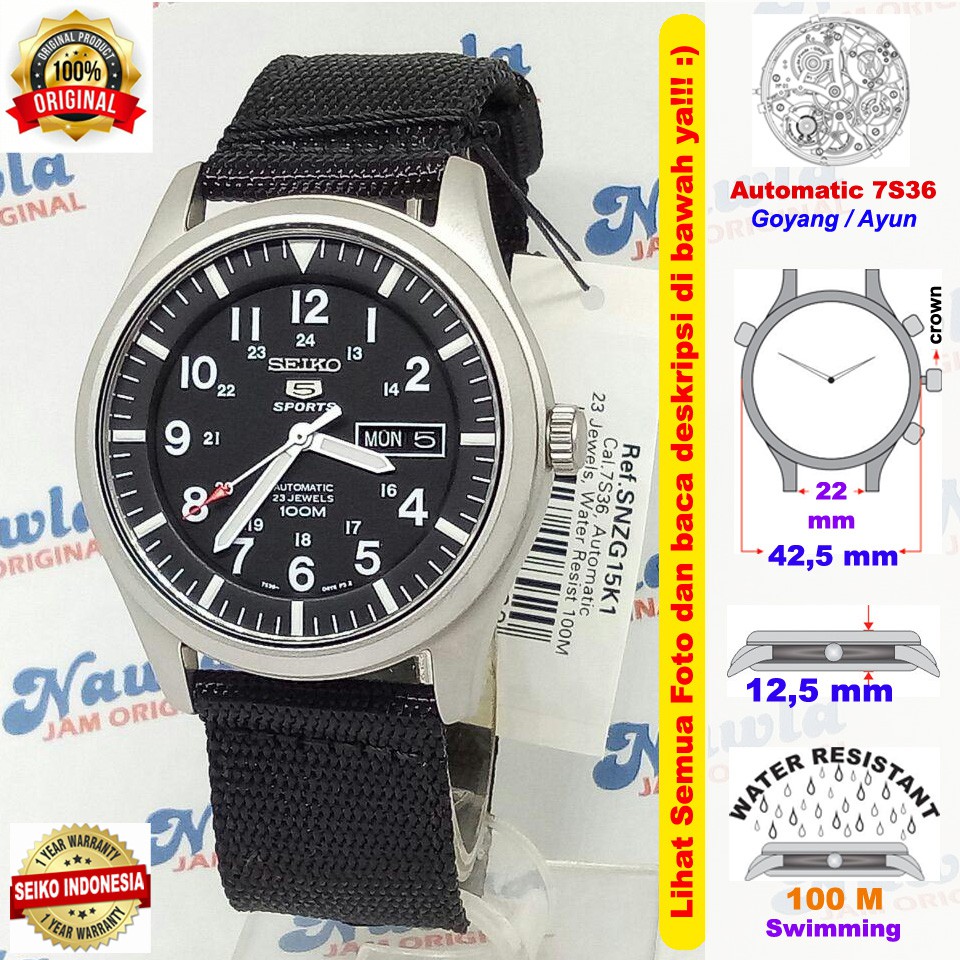 Seiko 5 Sports SNZG15K1 Automatic Black Nylon - Jam Tangan Pria SNZG15