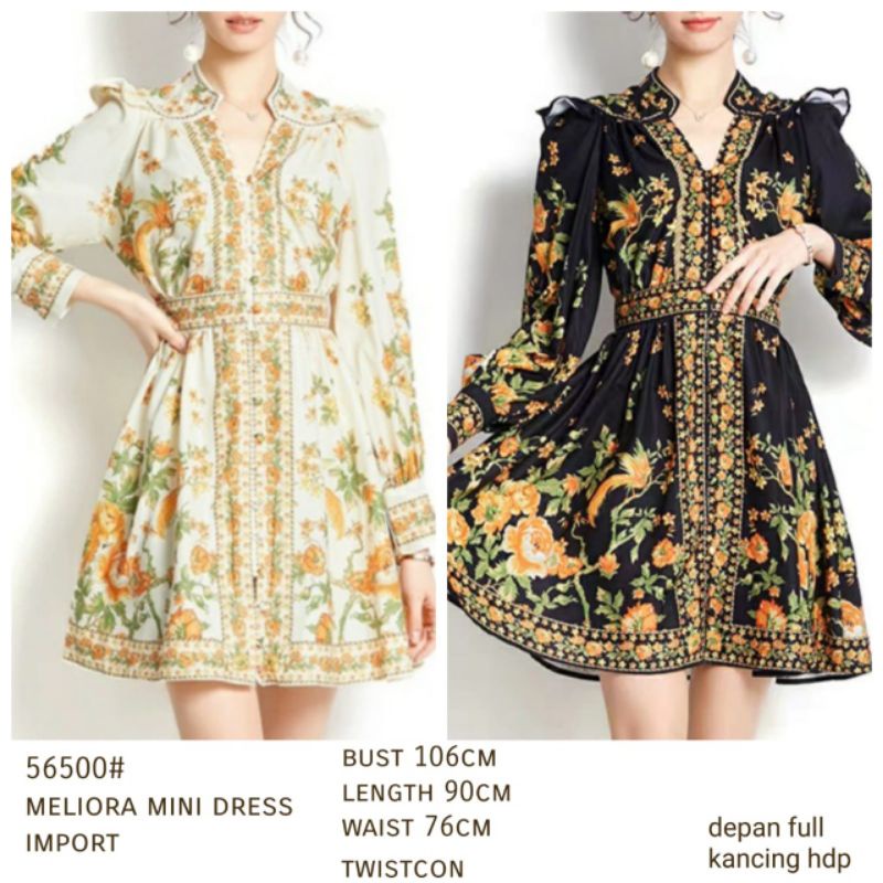 56500 Fashion Baju Mini dress lengan panjang motif bunga hitam putih mewah elegan santai simpel sopa