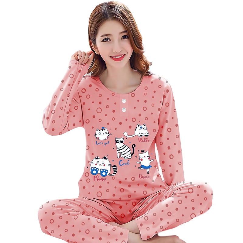 Lilipop.id  Baju Tidur Wanita Cat Celana Panjang PP Allsize Lengan Panjang Baby Doll Bahan Kaos Dewasa