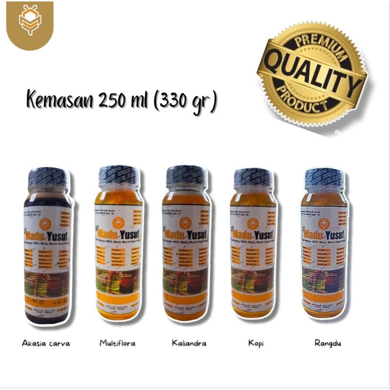 

Madu Yusuf qualitas premium grade A rawhoney 100% asli hasil panen lebah melifera nektar bunga | bersanad jelas | 330 gr