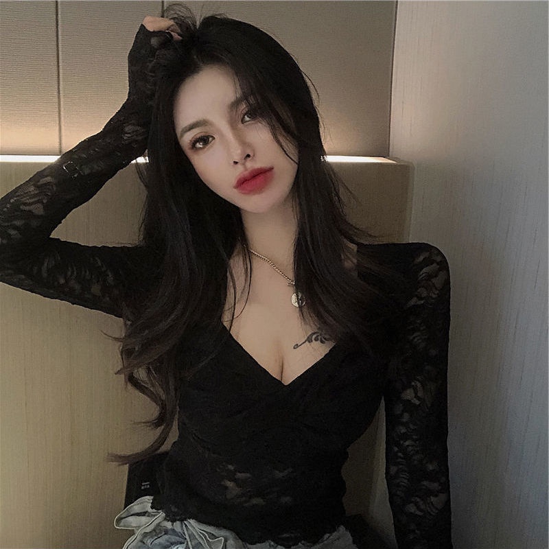 atasan renda import lace bottoming shirt women s western style deep V-neck lengan panjang atasan mes