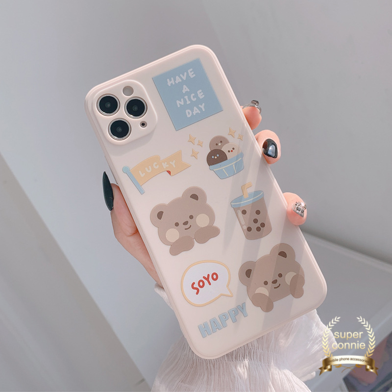 Kawaii Letter Case Kompatibel Untuk iPhone 7Plus 13 11 14 12 Pro Max X XR 7 8 6S 6 Plus XS Max SE 2020 Kartun Beruang Lucu Teh Susu Lembut tpu Penutup Tepi Lurus