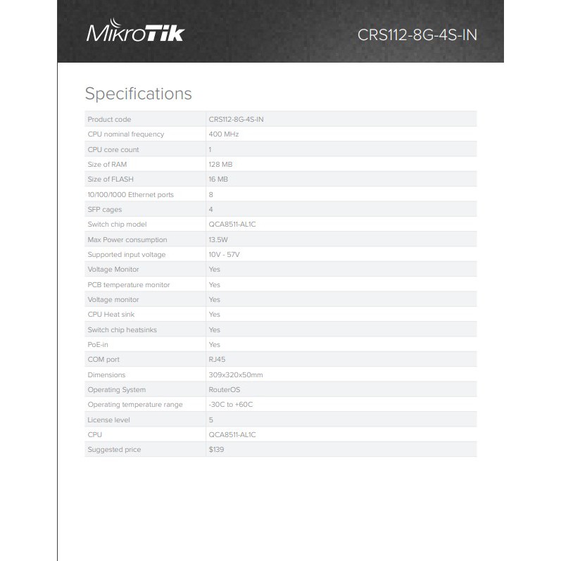 MikroTik CRS 112 8G 4S IN CRS112-8G-4S-IN