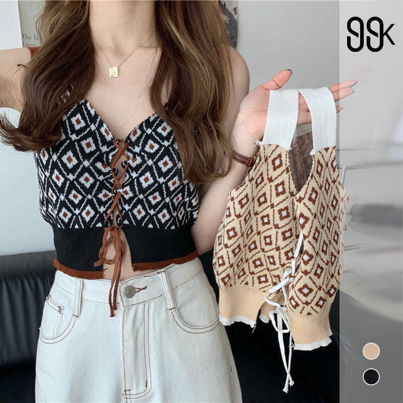 Casual Knitt Flora Vest Tanktop Atasan Wanita Tanpa Lengan 2182