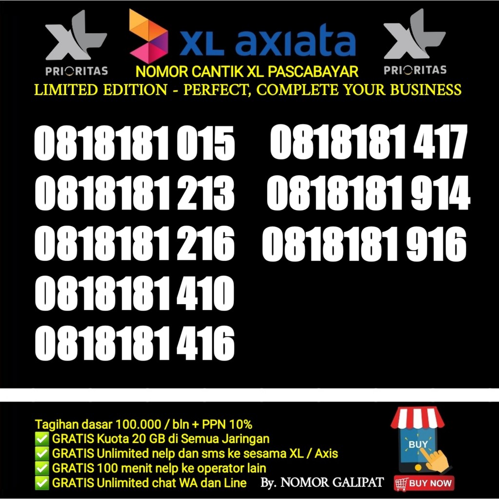 NOMOR CANTIK XL-AXIATA 10 DIGIT PRIORITAS PASCABAYAR 818181 xxx