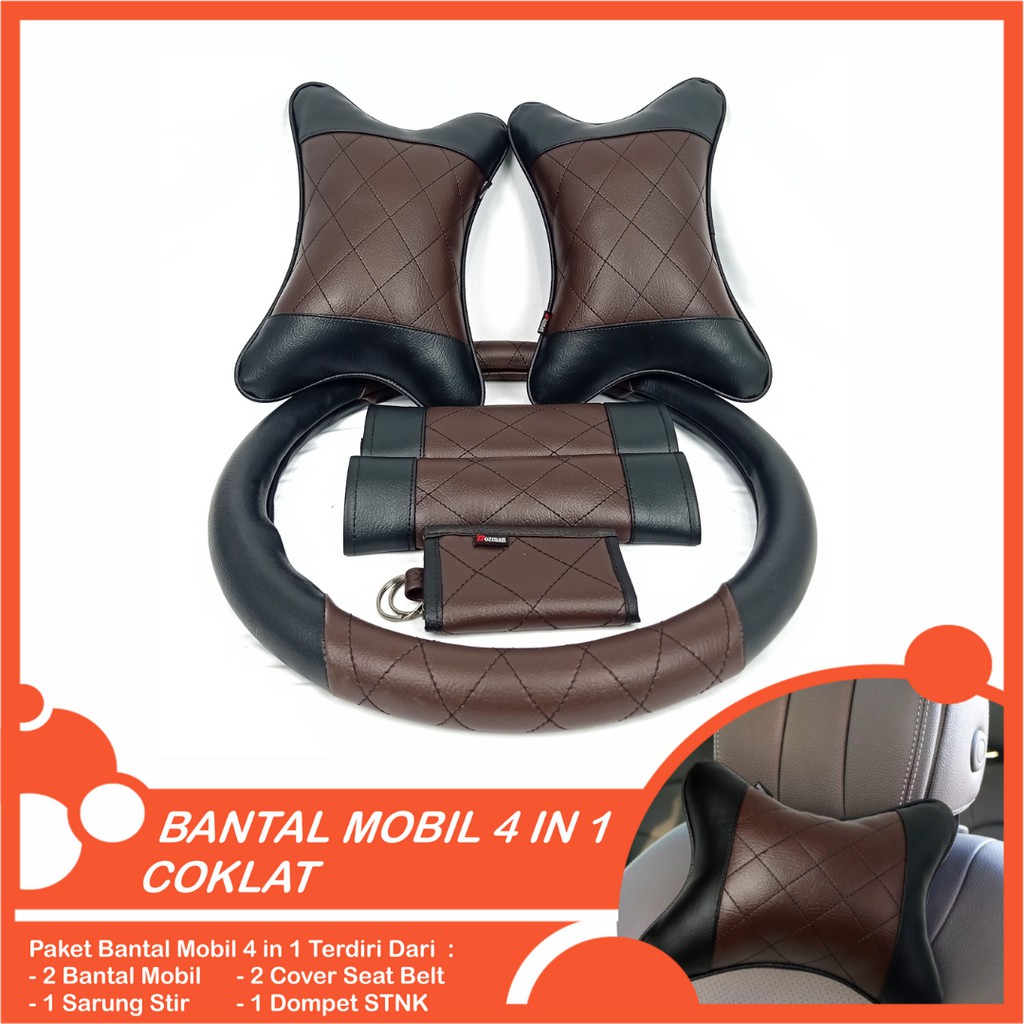 Set Bantal Mobil 4 in 1 Premium Bantal Mobil Sarung Stir Cover Seatbelt Dompet STNK