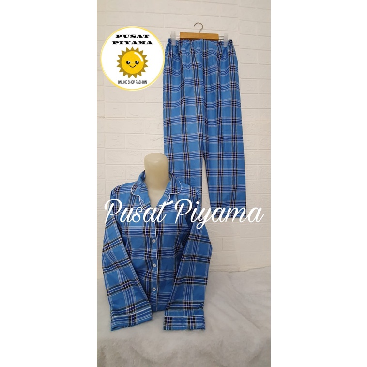 Setelan Lengan Pendek Piyama Baju Tidur Wanita Guilen Kotak Pajamas Cewek Dewasa Kekinian Abg-L OSLIN Panjng Biru