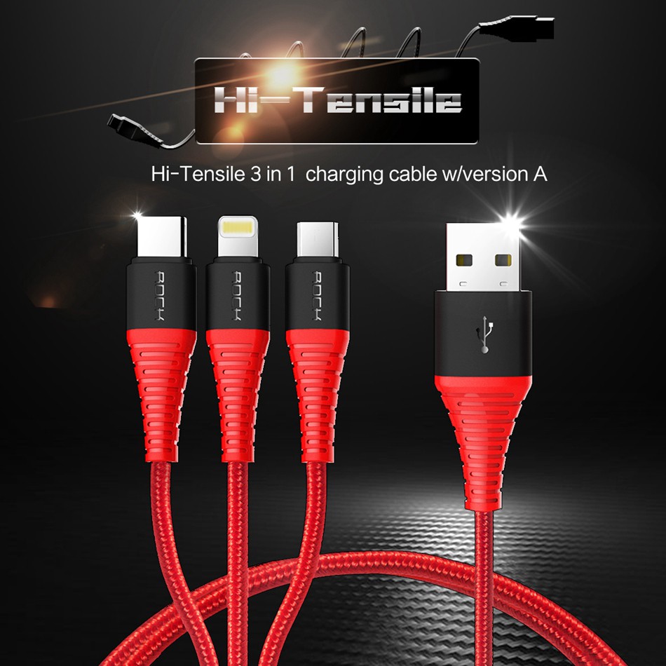 ROCK Hi-Tensile 3 in 1 USB Cable FoR MICRO -LIGHTNING -TYPE C