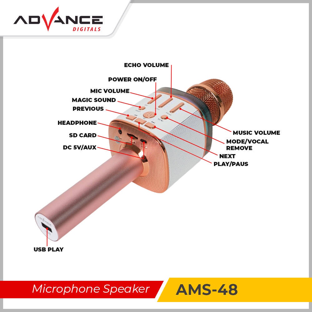 【READY STOCK】 Advance ams 48 mic Wireless bluetooth karaoke support USB Player 1200mAh Frequency 150Hz~18kHz suitable for hobbies or tour guides