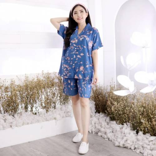 Setelan Piyama Wanita Pendek Motif Tie Dye One Set Rayon Baju Tidur Cewe DARTI HP Jumbo XXL-ARIA BIRU JEANS