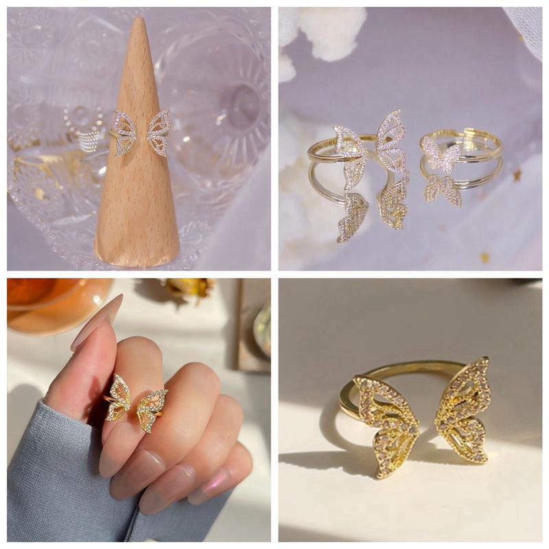 Cincin Model Terbuka Desain Kupu-Kupu Hollow Lapis Emas 14K Hias Zircon Gaya Korea Untuk Wanita Butterfly