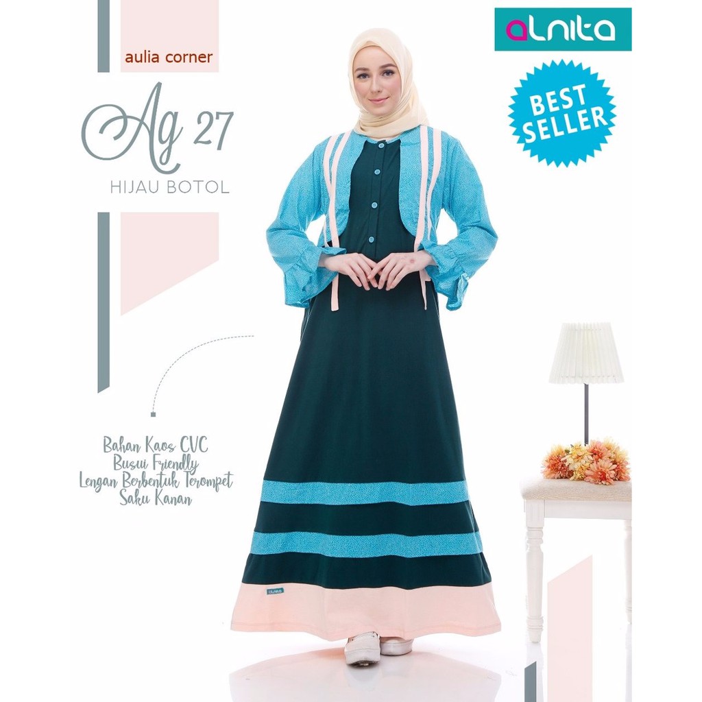 PROMO TERBARU Gamis Muslimah Alnita AG 27 Hijau Botol Model Baju Gamis