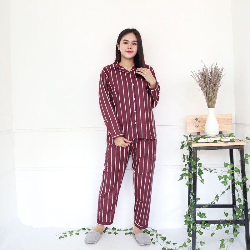 Piyama dewasa jumbo karakter Lengan panjang PP XXL-Stripe maroon