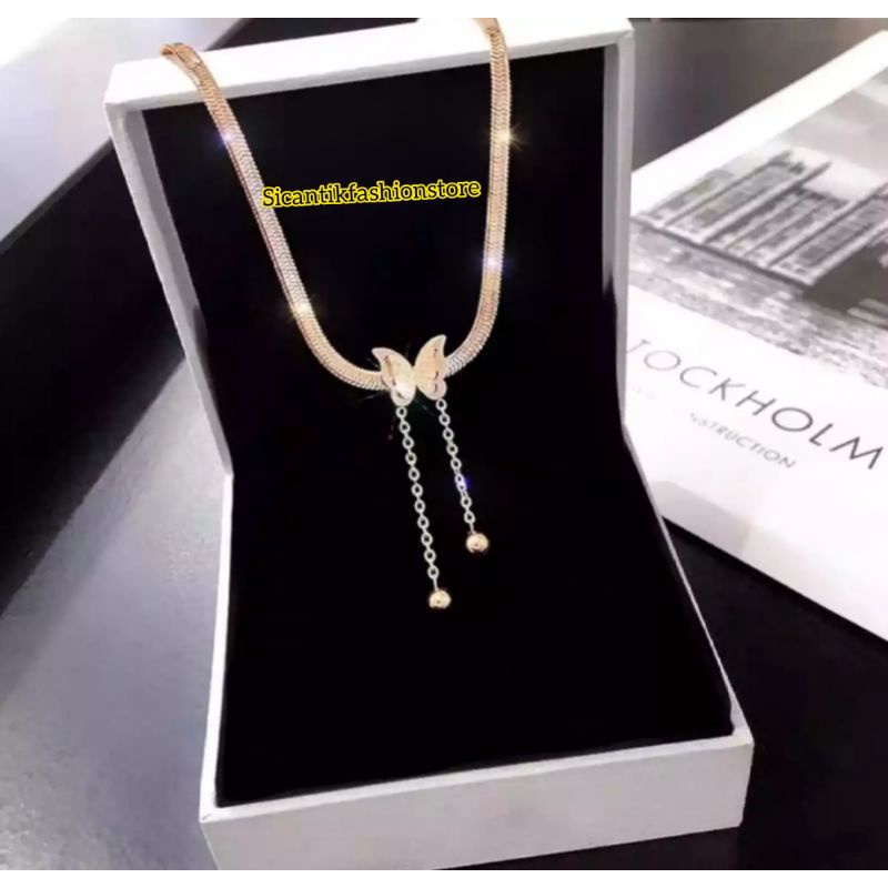 Kalung Titanium Rose Gold Liontin Kupu kupu Fashion Wanita Terlaris anti Karat Tidak luntur liontin