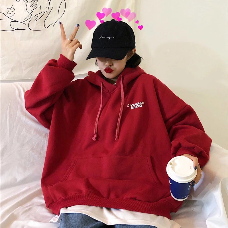 Hoodie Wanita Oversize Korean Style Xxl Murah Bahan Cotton Fleece Tebal Sweater Polos Ori Kekinian