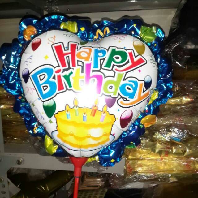 BALON FOIL HATI PRINT HAPPY BIRTHDAY + STIK