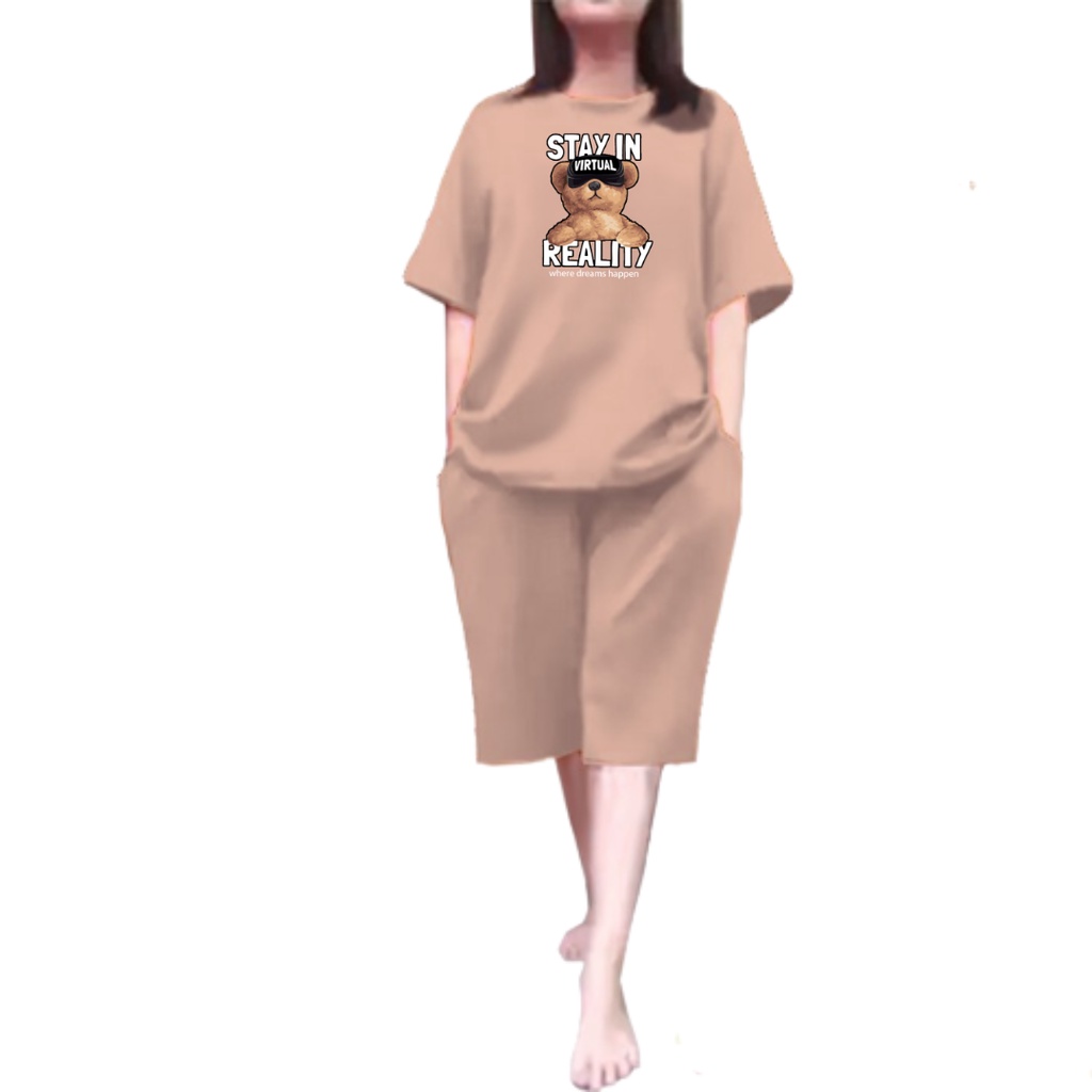 Setelan Wanita Kaos Oversize Tedy Bear VIRTUAL Pendek Kulot Jumbo LD 110